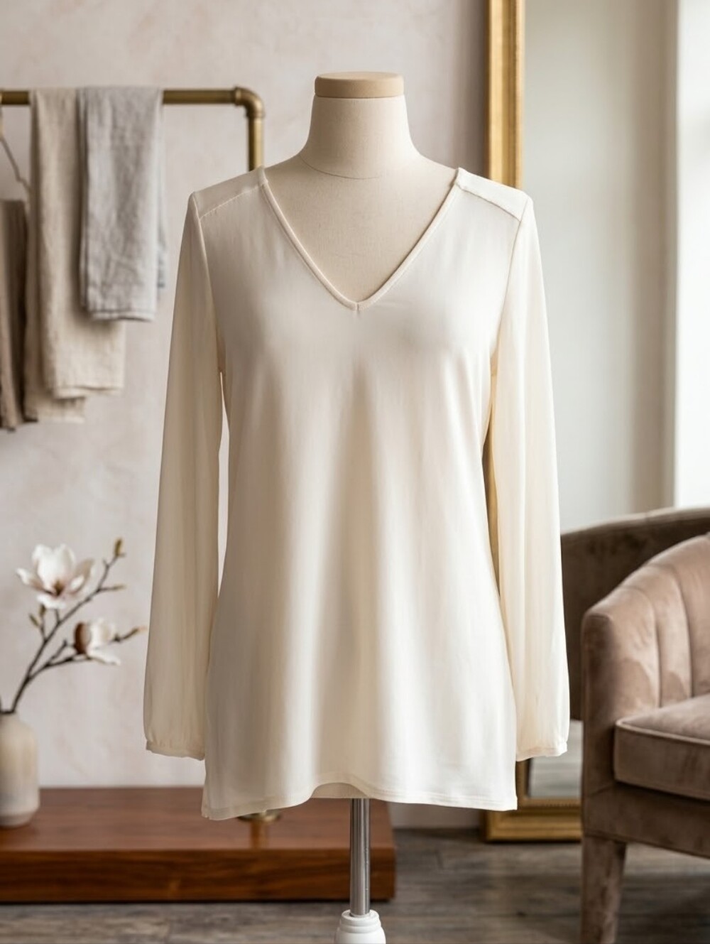 Express Cream Fitted Long Sleeve Top